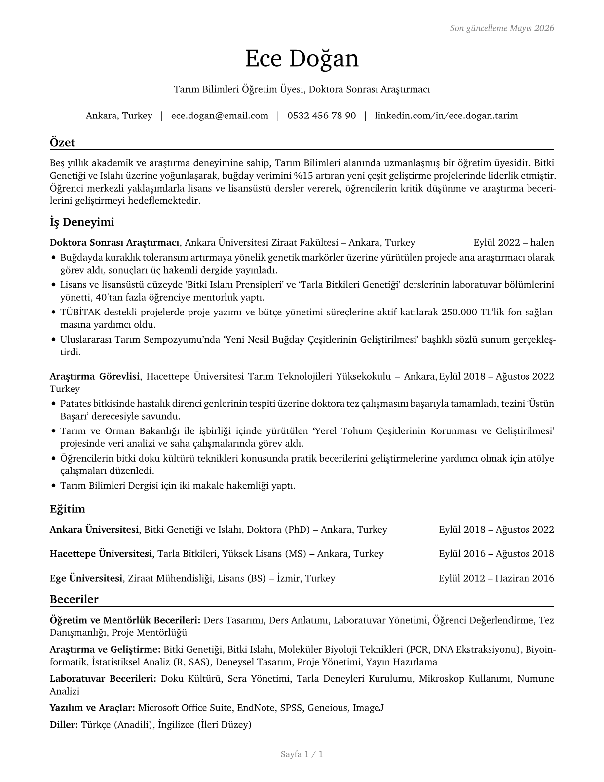 Agricultural Sciences Teachers, Postsecondary CV in Turkish — page 1