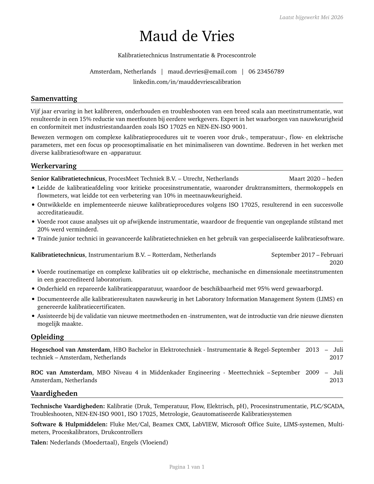 Calibration Technologists and Technicians CV in Dutch — page 1