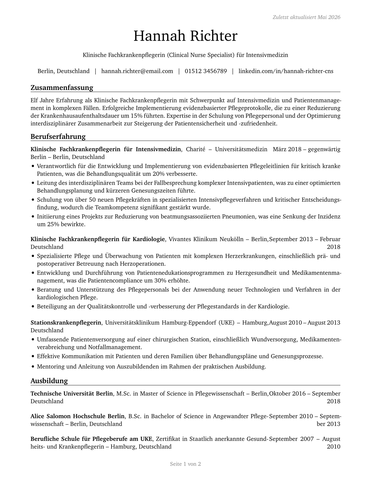 Clinical Nurse Specialists CV in German — page 1