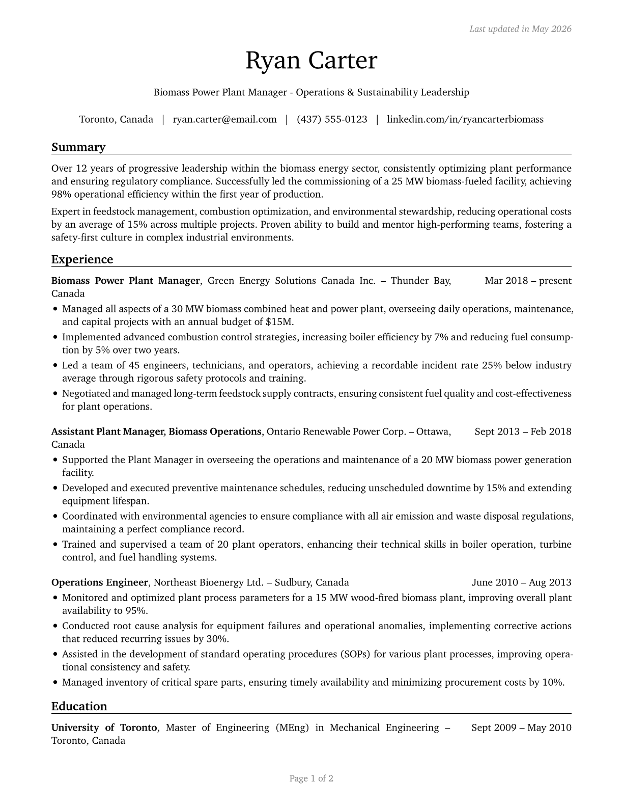Biomass Power Plant Managers CV in English — page 1