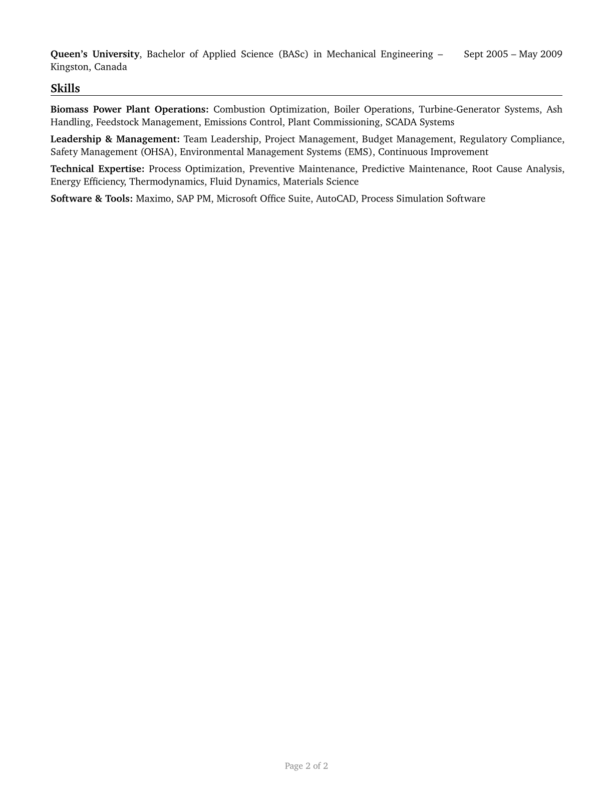 Biomass Power Plant Managers CV in English — page 2