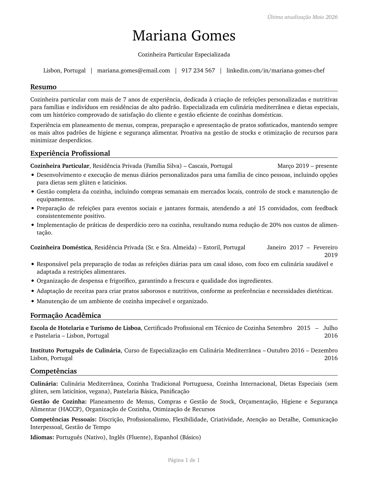 Cooks, Private Household CV in Portuguese — page 1
