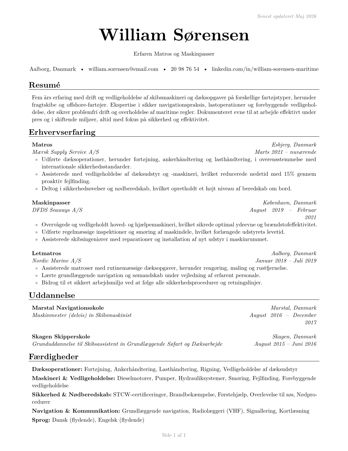 Sailors and Marine Oilers CV in Danish — page 1