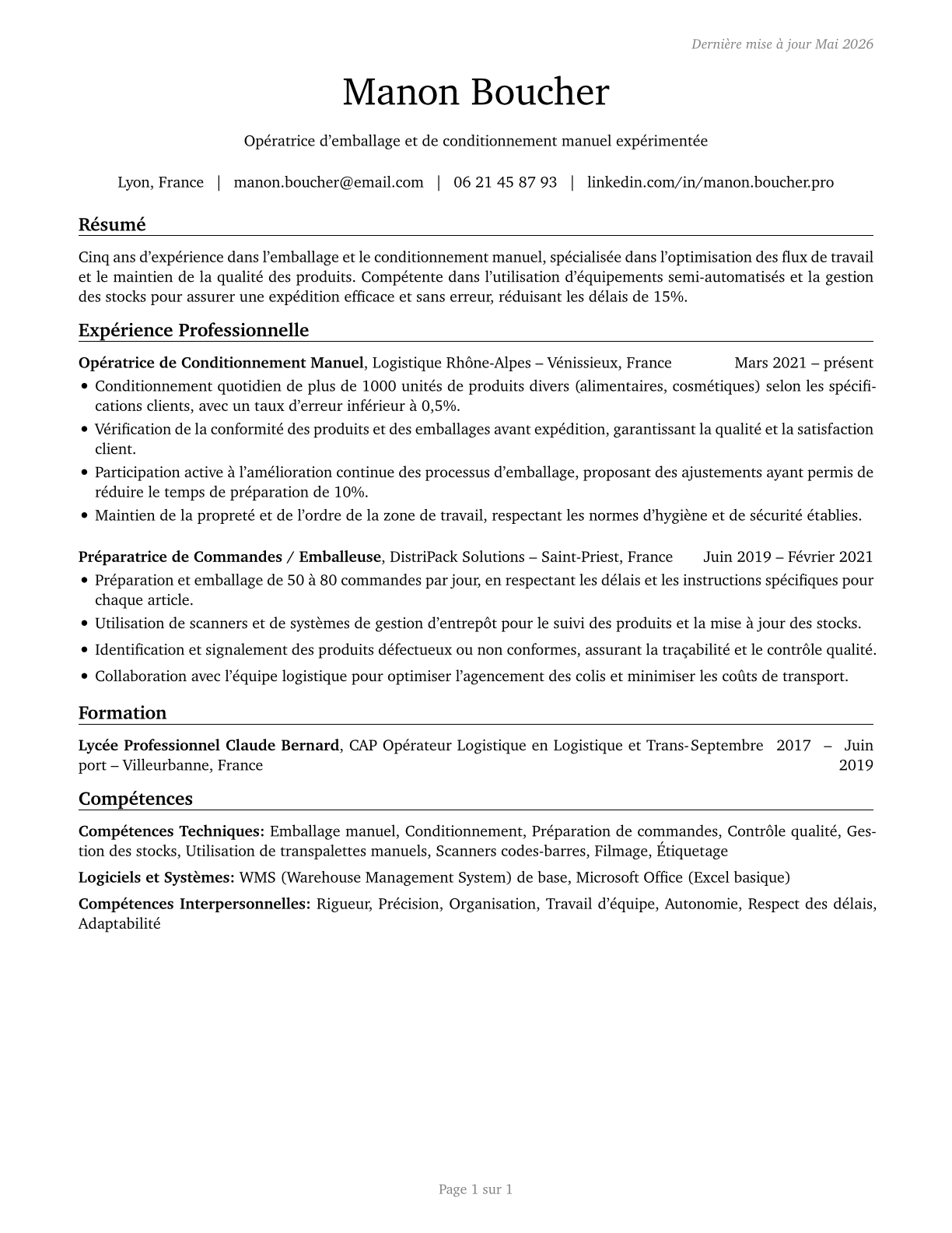 Packers and Packagers, Hand CV in French — page 1