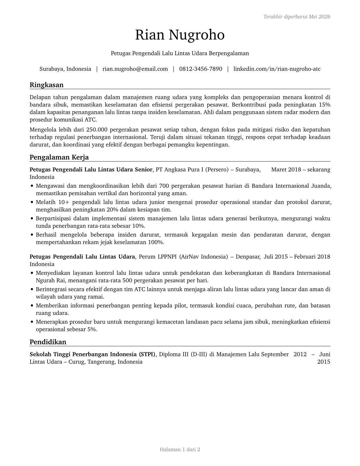 Air Traffic Controllers CV in Indonesian — page 1