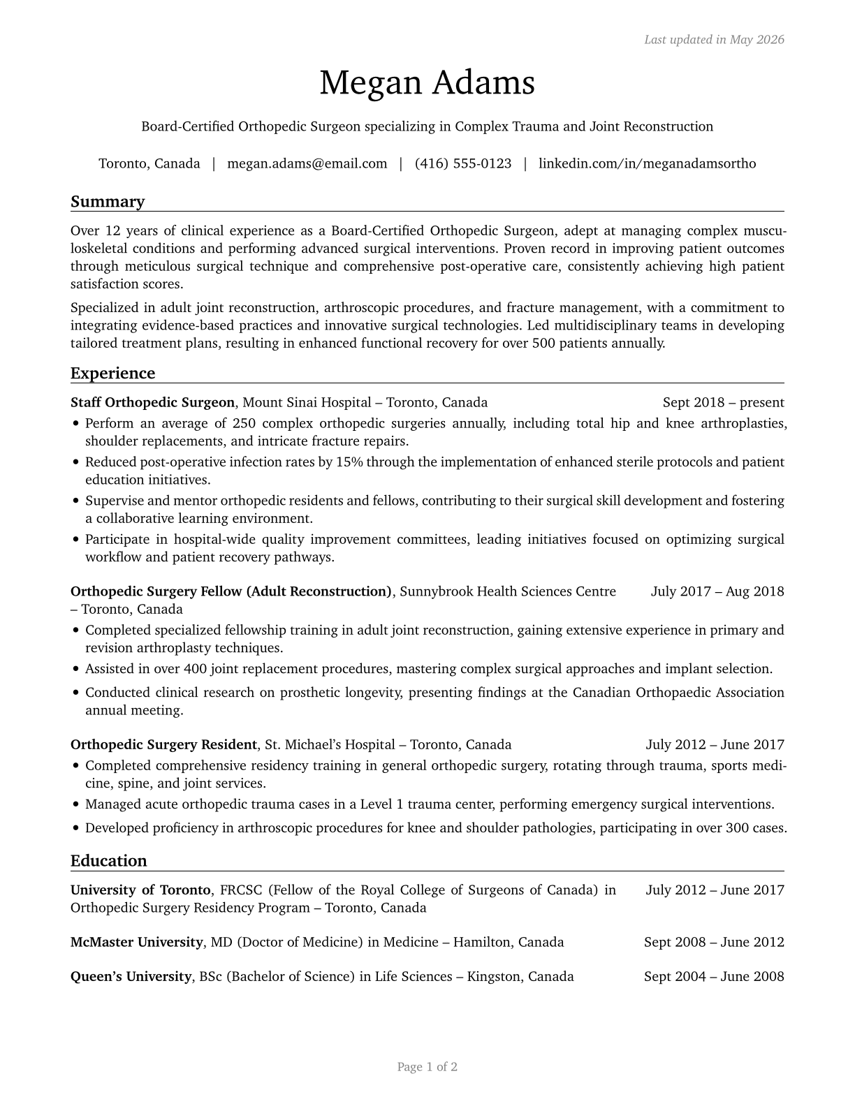 Orthopedic Surgeons, Except Pediatric CV in English — page 1