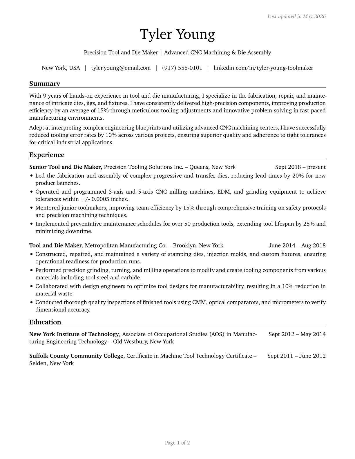 Tool and Die Makers CV in English — page 1