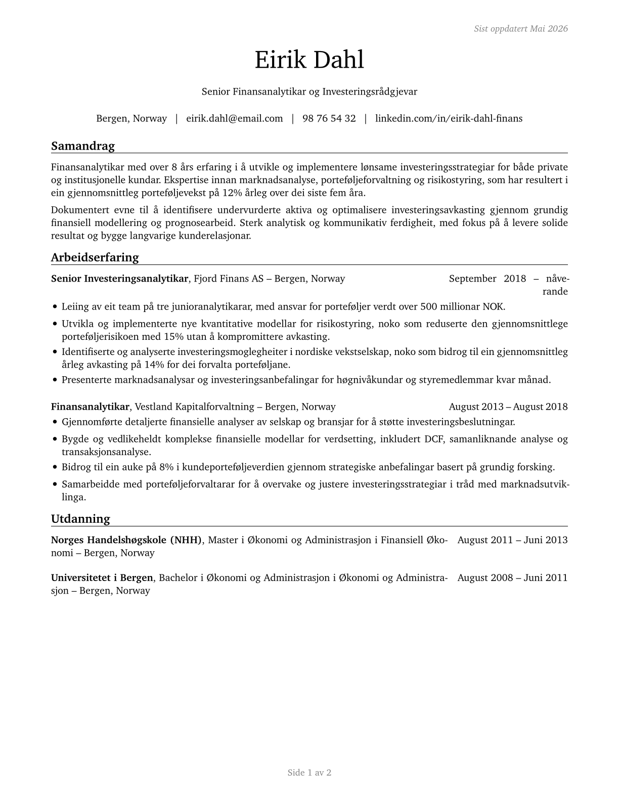 Financial and Investment Analysts CV in Norwegian_nynorsk — page 1