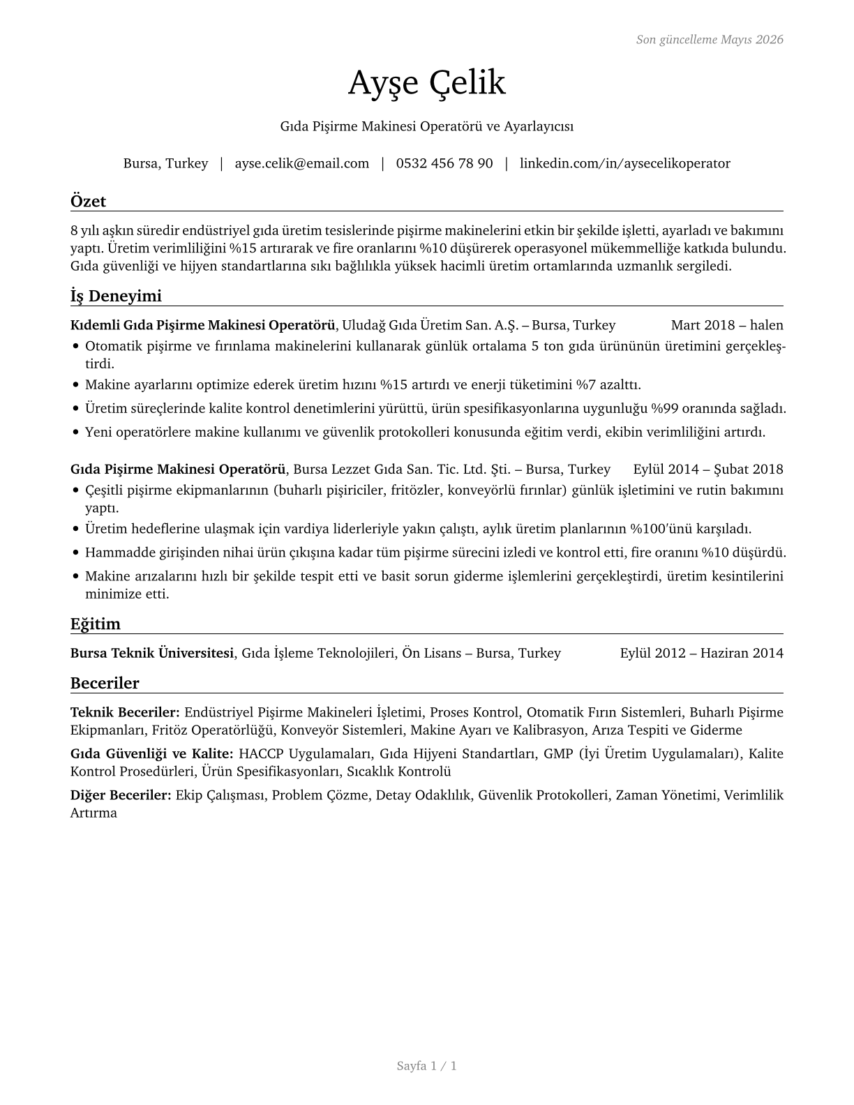 Food Cooking Machine Operators and Tenders CV in Turkish — page 1