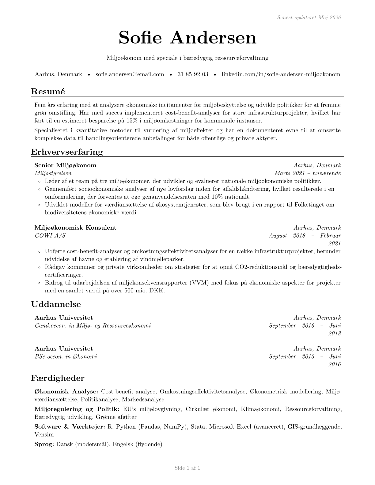 Environmental Economists CV in Danish — page 1