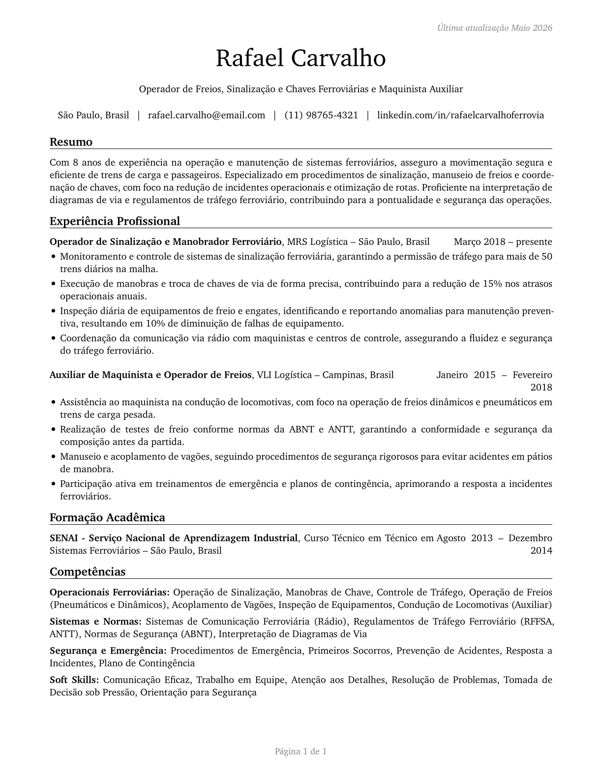 Railroad Brake, Signal, and Switch Operators and Locomotive Firers CV in Portuguese — page 1