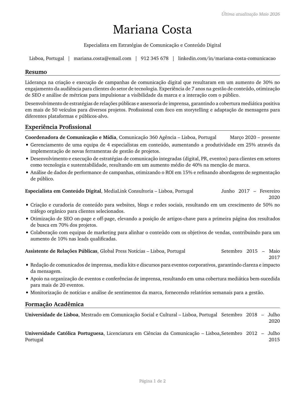 Media and Communication Workers, All Other CV in Portuguese — page 1