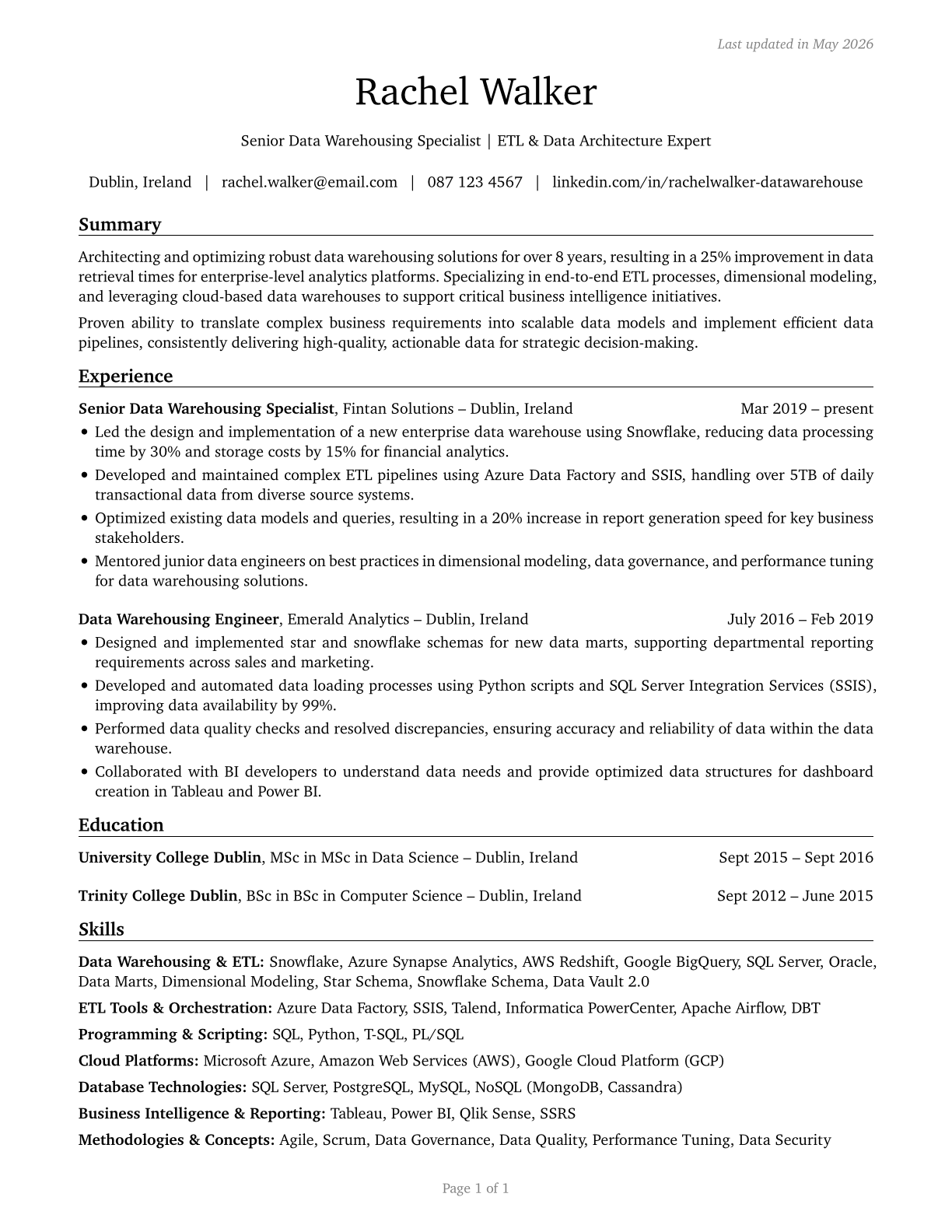 Data Warehousing Specialists CV in English — page 1