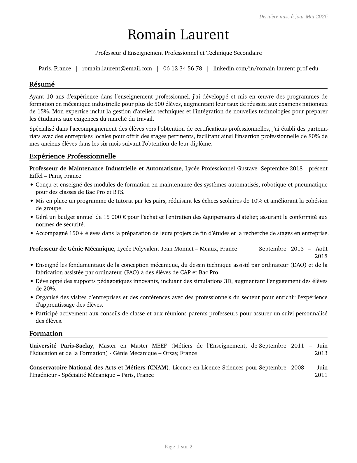 Career/Technical Education Teachers, Secondary School CV in French — page 1