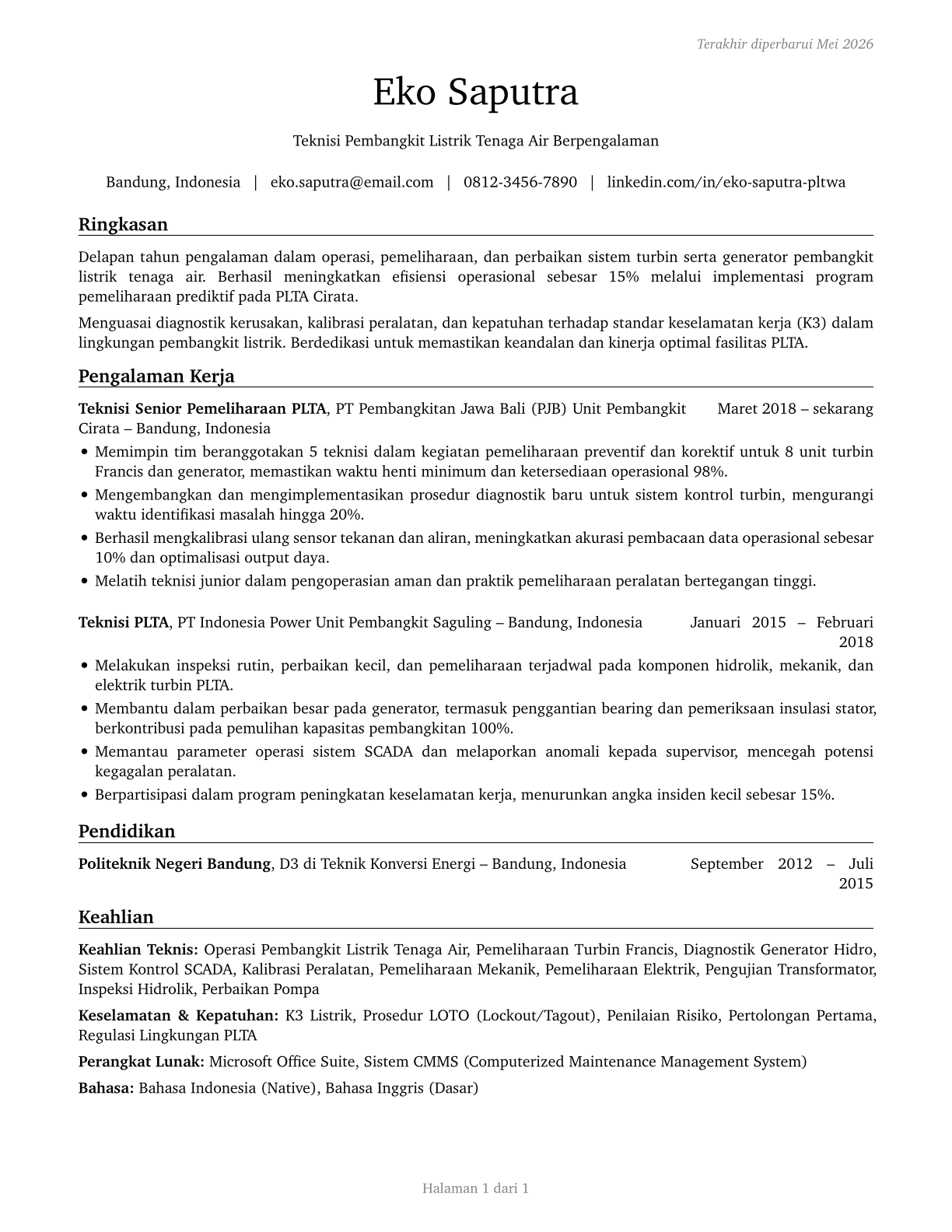 Hydroelectric Plant Technicians CV in Indonesian — page 1