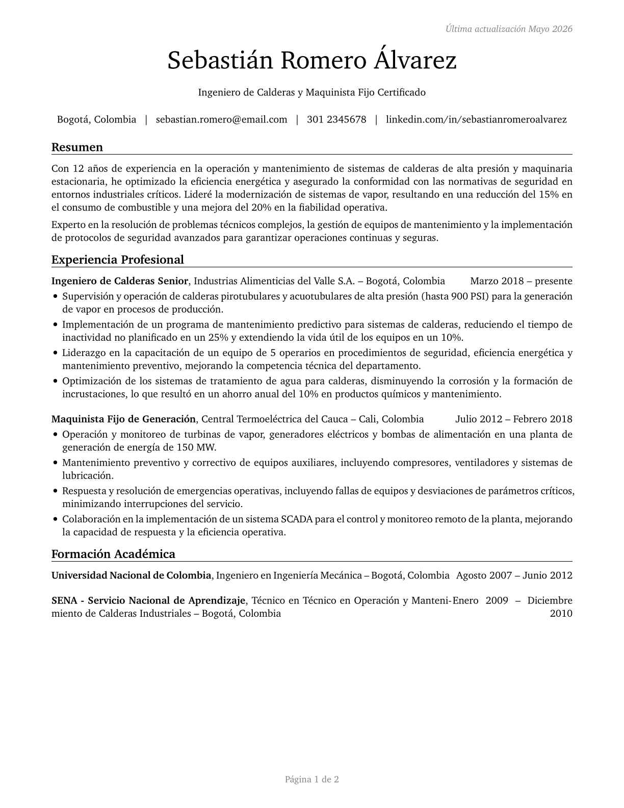 Stationary Engineers and Boiler Operators CV in Spanish — page 1