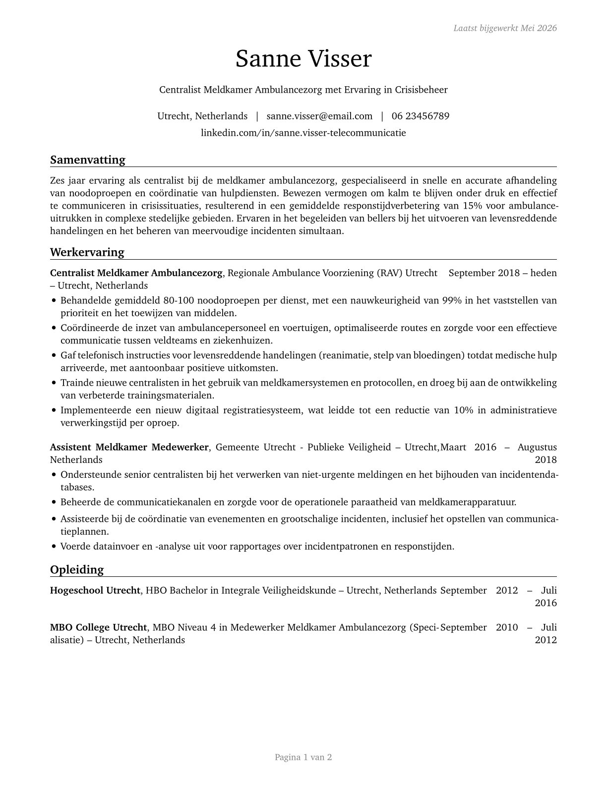 Public Safety Telecommunicators CV in Dutch — page 1