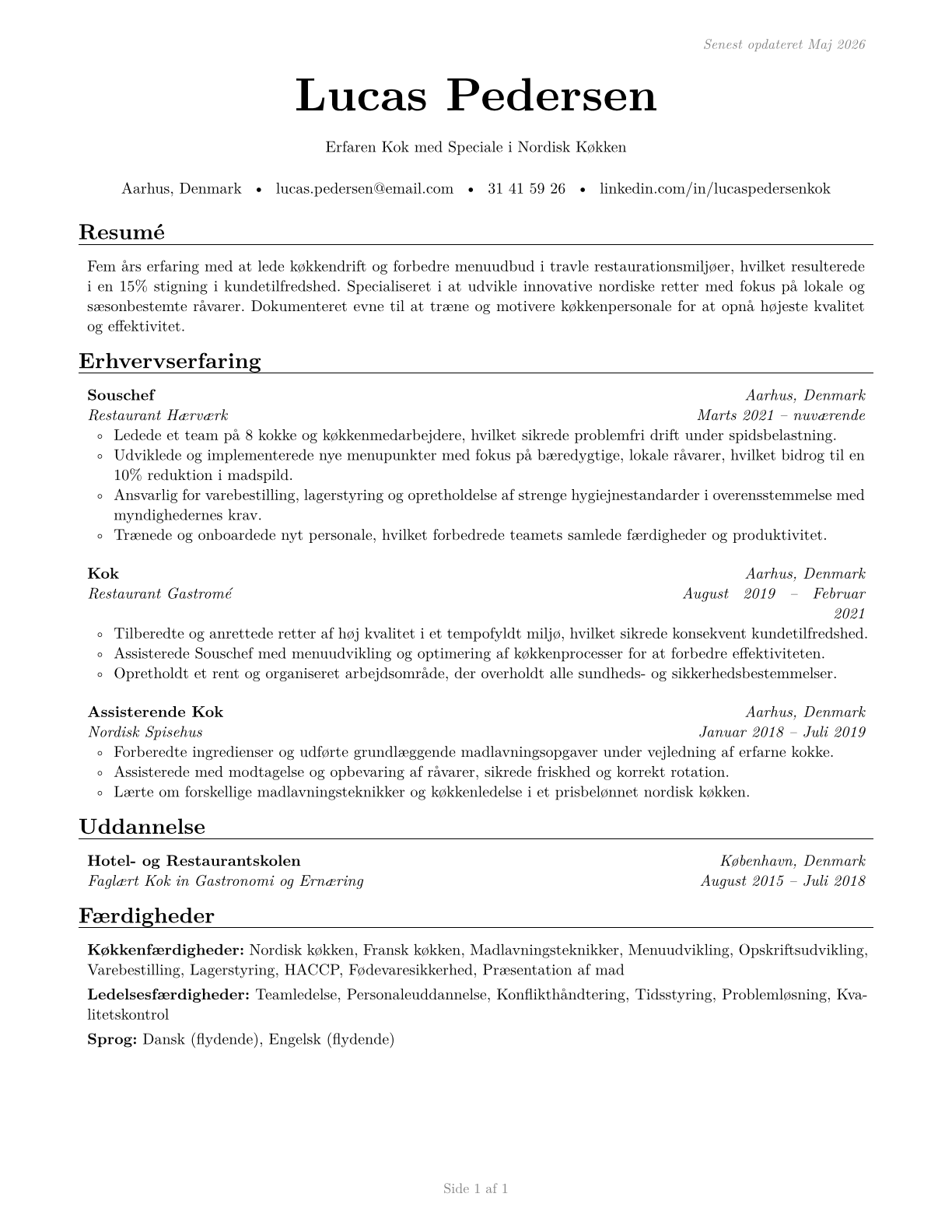 Cooks, Restaurant CV in Danish — page 1