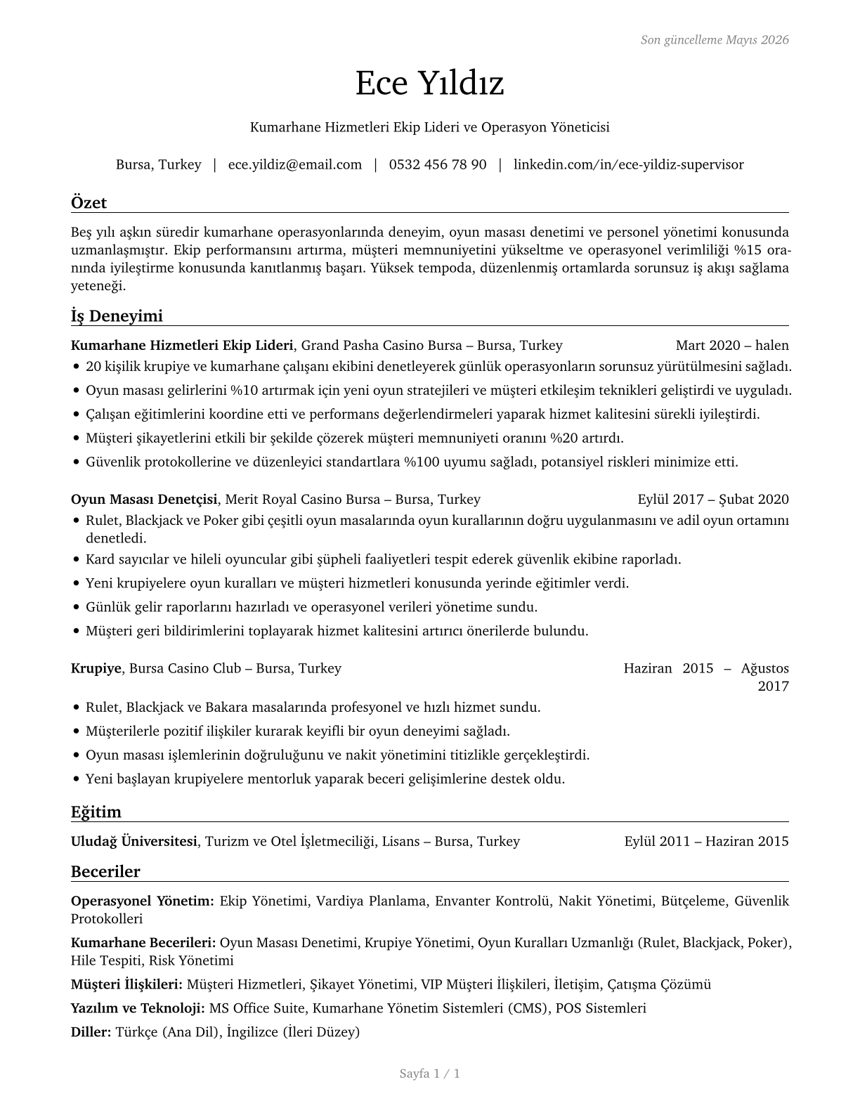 First-Line Supervisors of Gambling Services Workers CV in Turkish — page 1