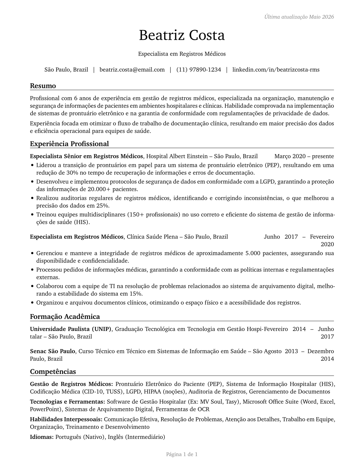 Medical Records Specialists CV in Portuguese — page 1