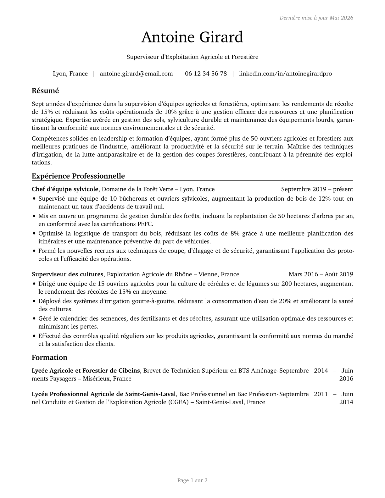 First-Line Supervisors of Farming, Fishing, and Forestry Workers CV in French — page 1