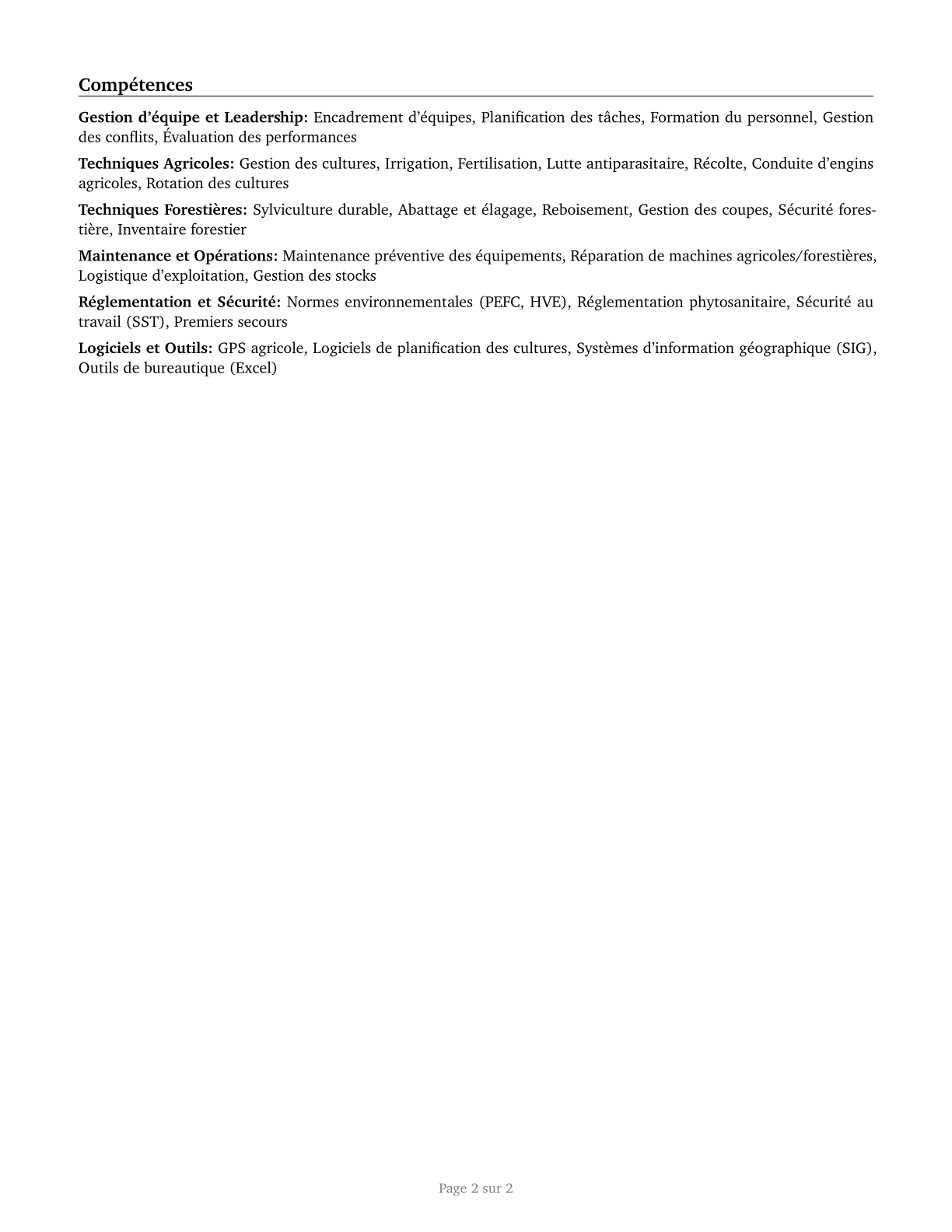 First-Line Supervisors of Farming, Fishing, and Forestry Workers CV in French — page 2