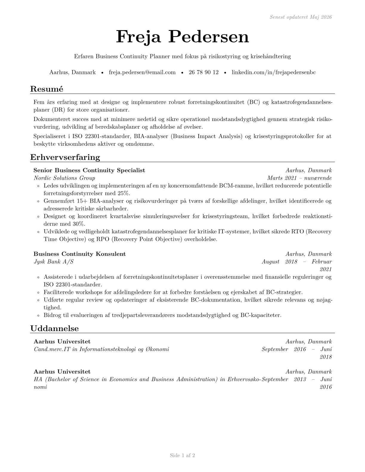 Business Continuity Planners CV in Danish — page 1