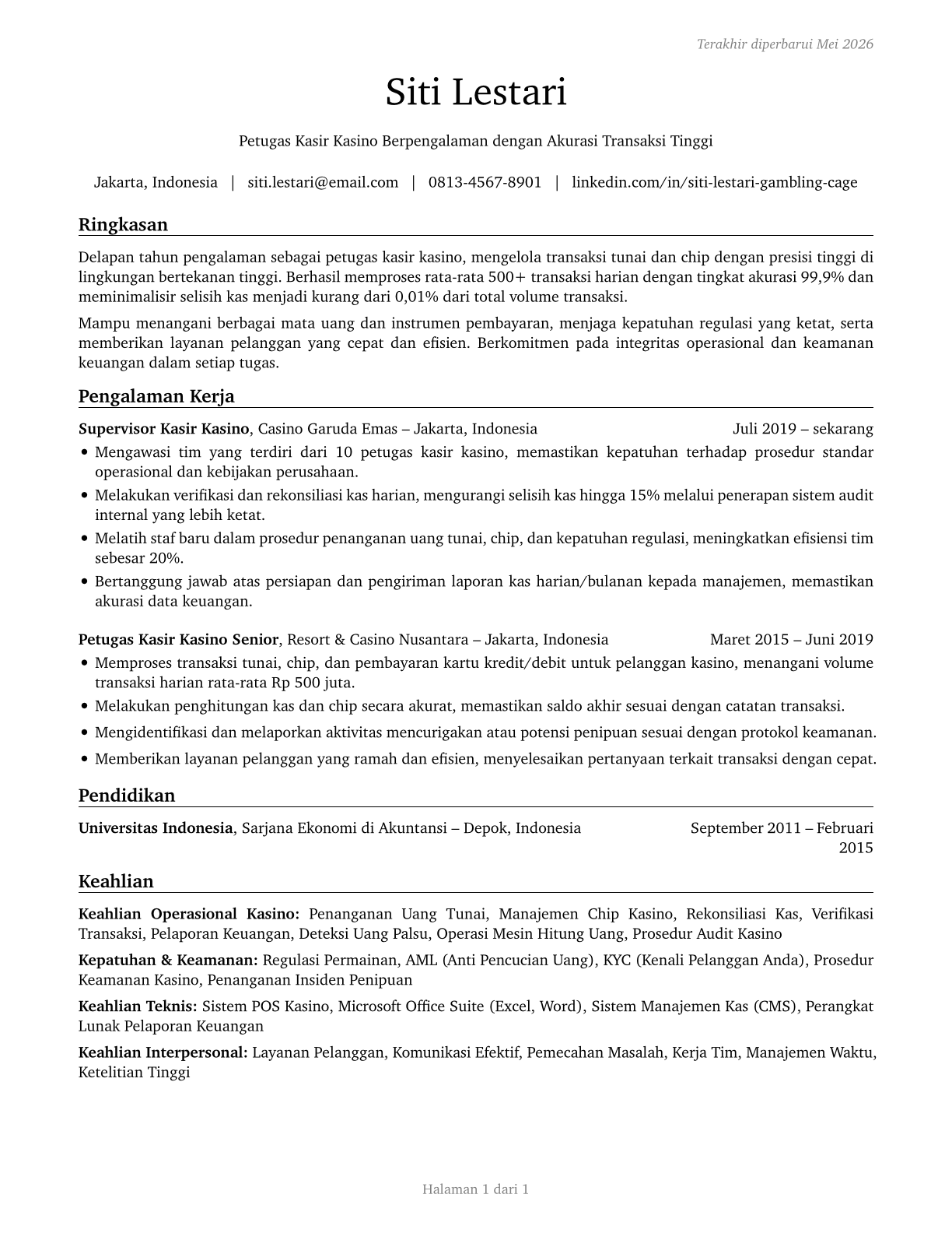 Gambling Cage Workers CV in Indonesian — page 1