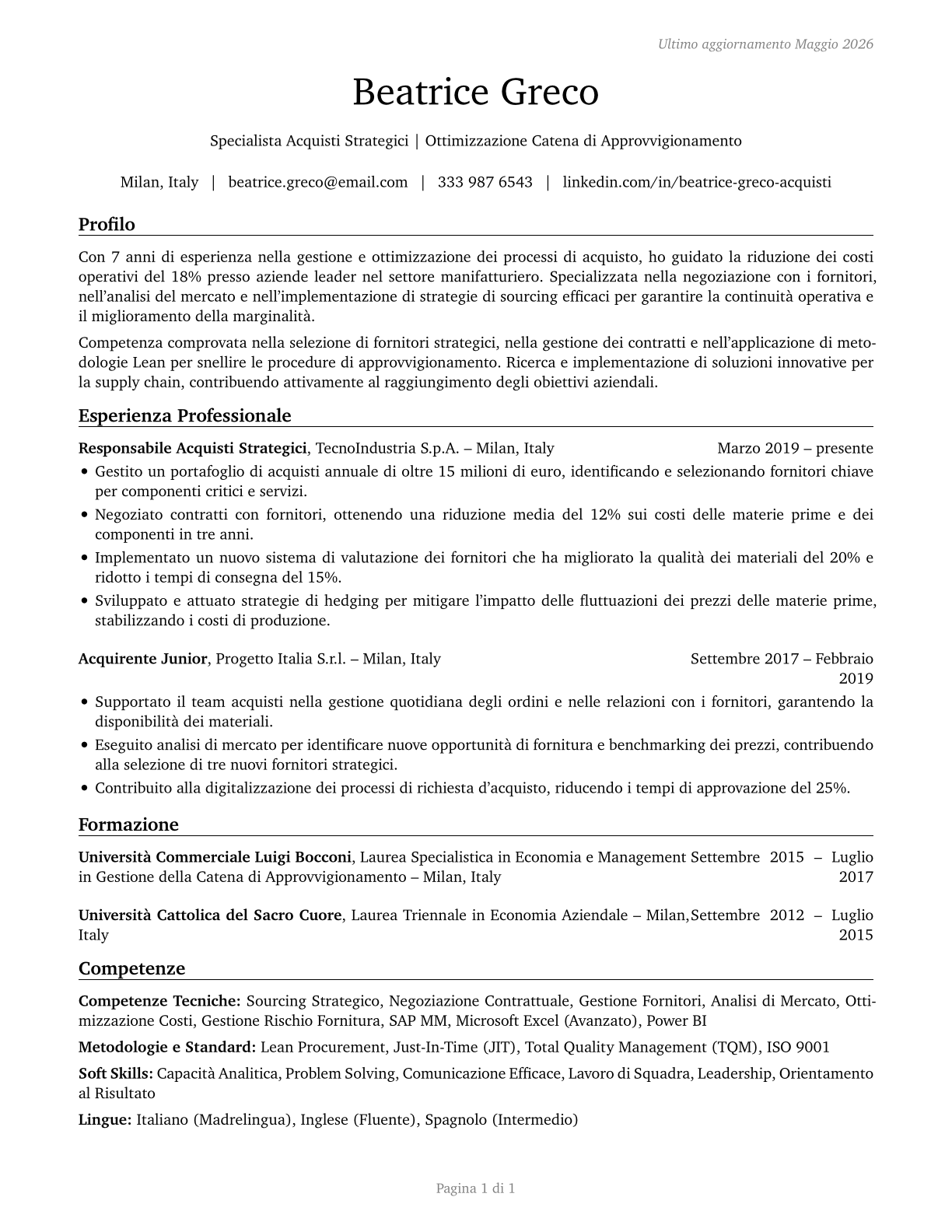 Purchasing Agents, Except Wholesale, Retail, and Farm Products CV in Italian — page 1