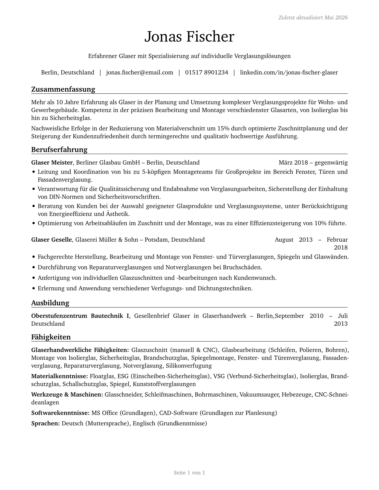 Glaziers CV in German — page 1