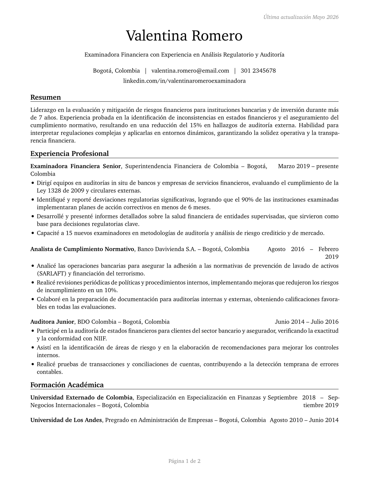 Financial Examiners CV in Spanish — page 1