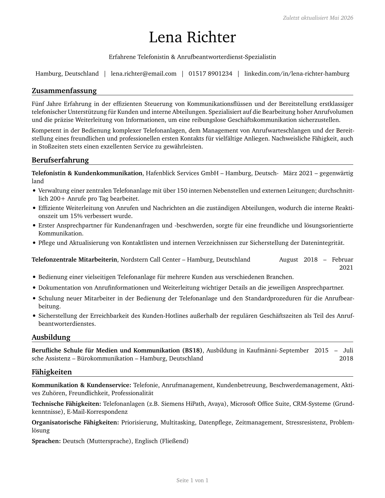 Switchboard Operators, Including Answering Service CV in German — page 1