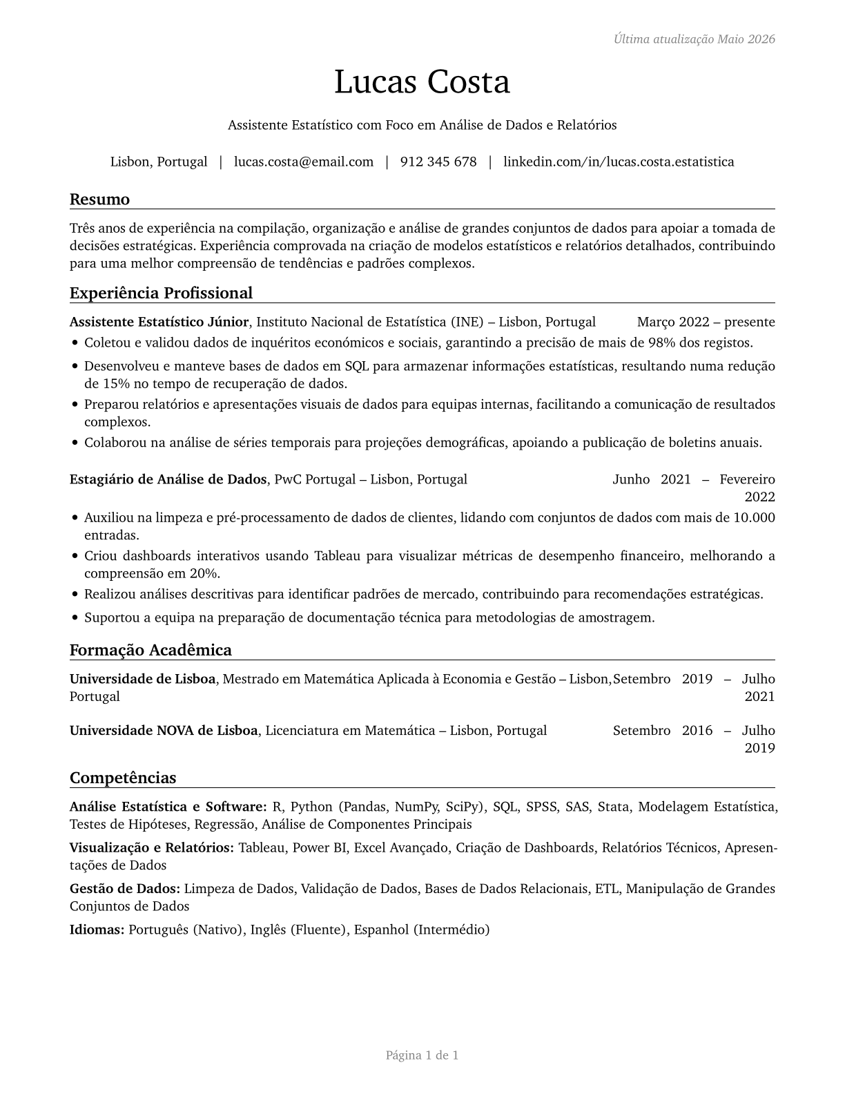 Statistical Assistants CV in Portuguese — page 1