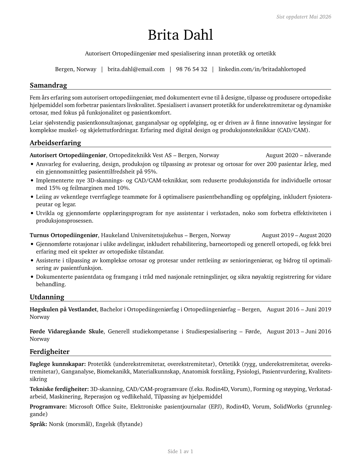 Orthotists and Prosthetists CV in Norwegian_nynorsk — page 1