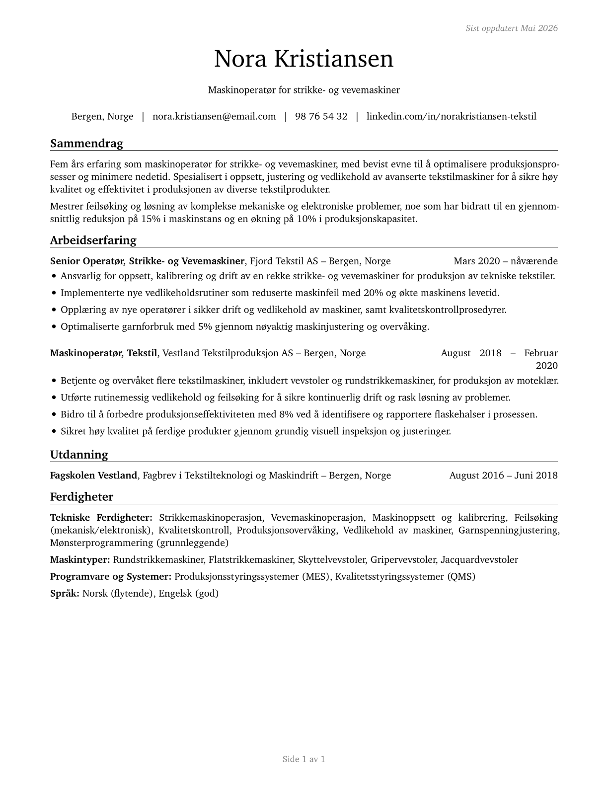 Textile Knitting and Weaving Machine Setters, Operators, and Tenders CV in Norwegian_bokmal — page 1
