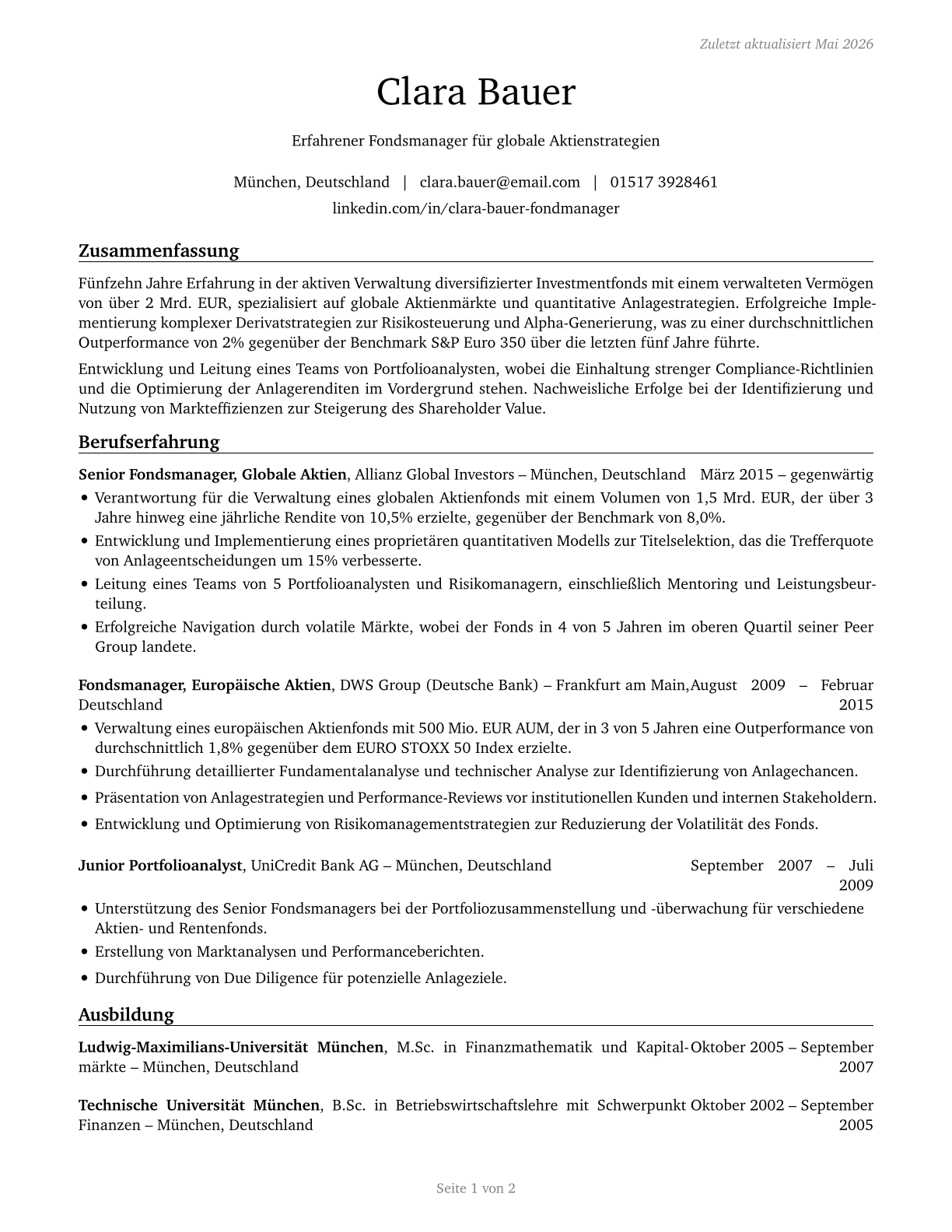 Investment Fund Managers CV in German — page 1