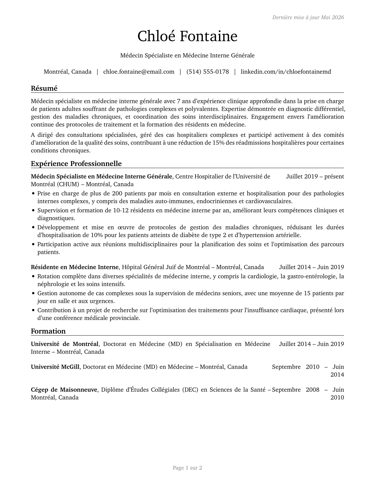 General Internal Medicine Physicians CV in French — page 1