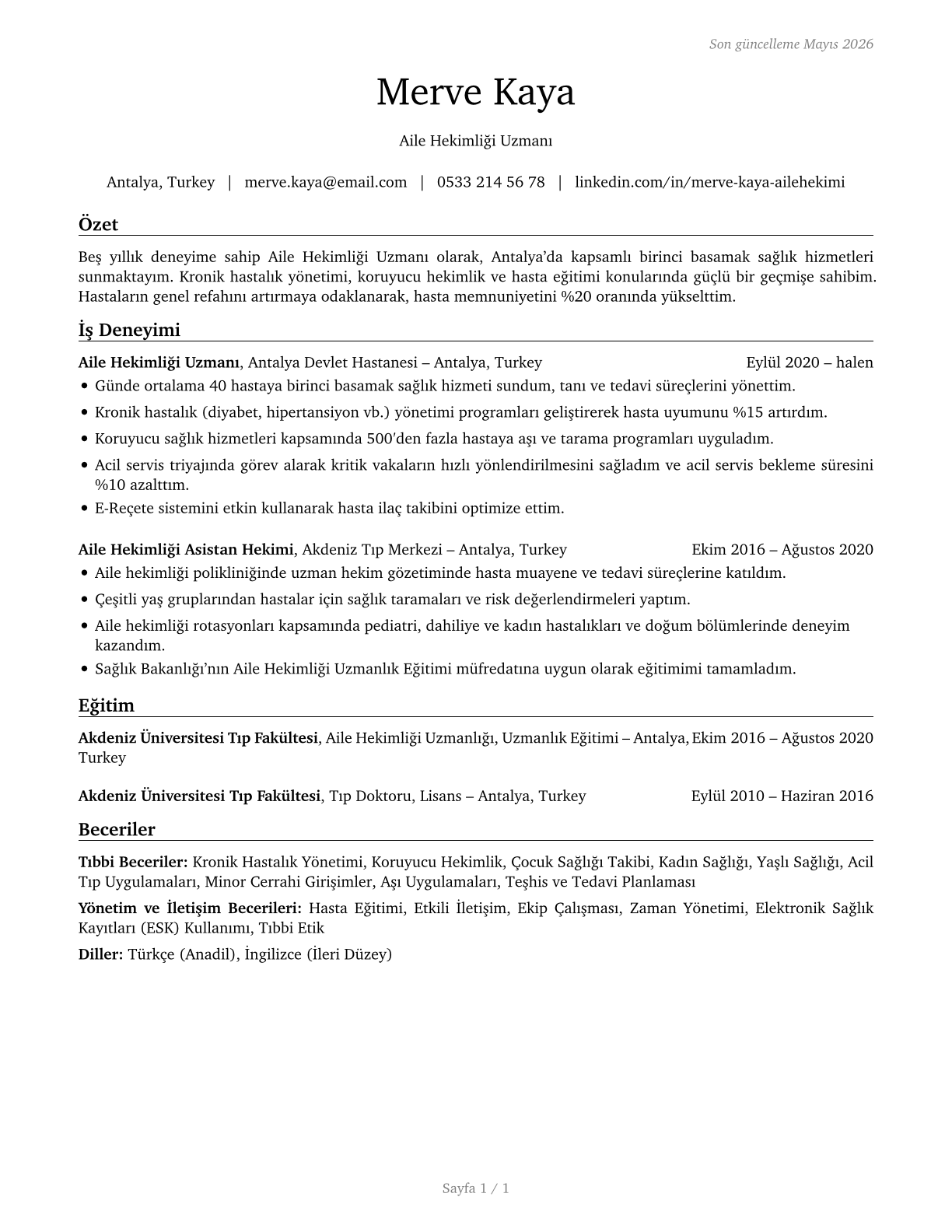 Family Medicine Physicians CV in Turkish — page 1