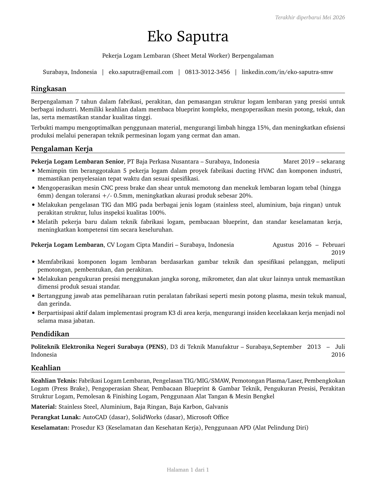 Sheet Metal Workers CV in Indonesian — page 1