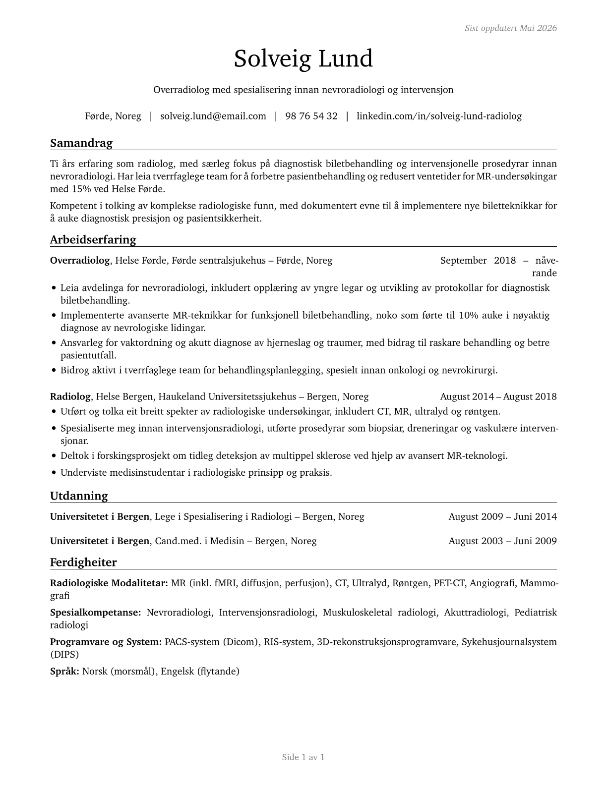 Radiologists CV in Norwegian_nynorsk — page 1