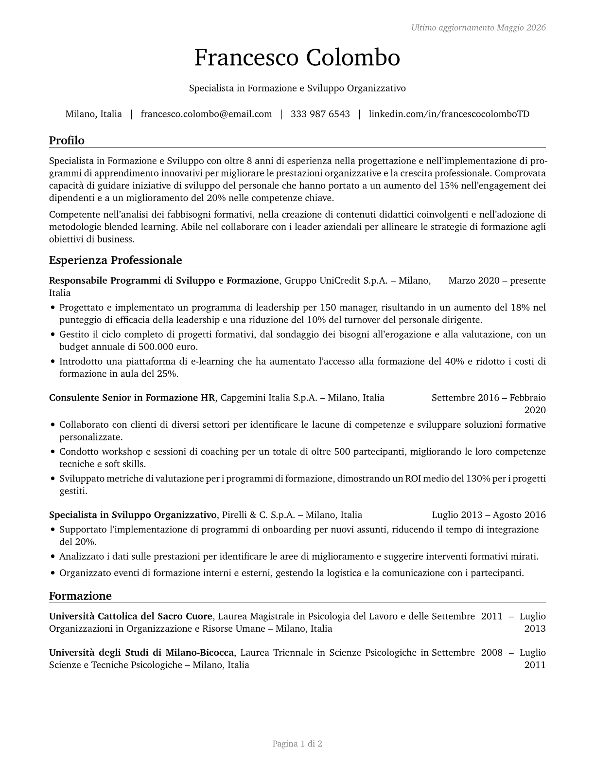 Training and Development Specialists CV in Italian — page 1