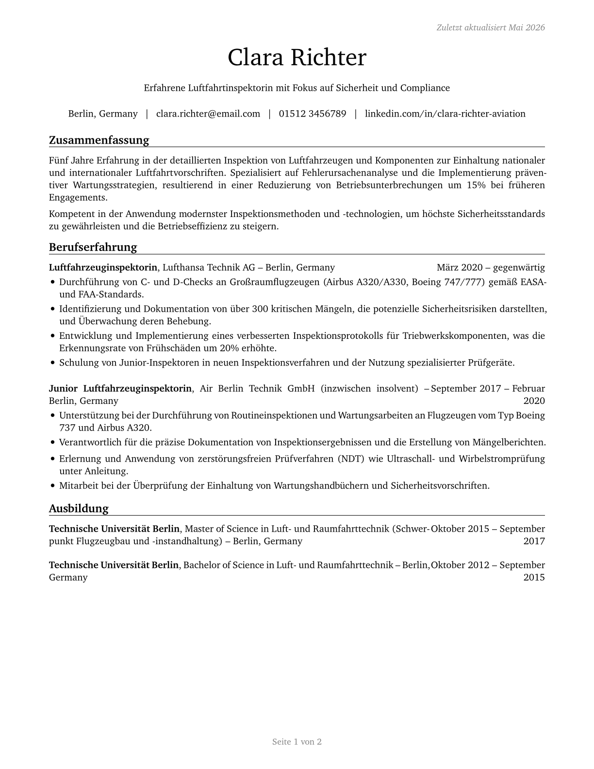 Aviation Inspectors CV in German — page 1