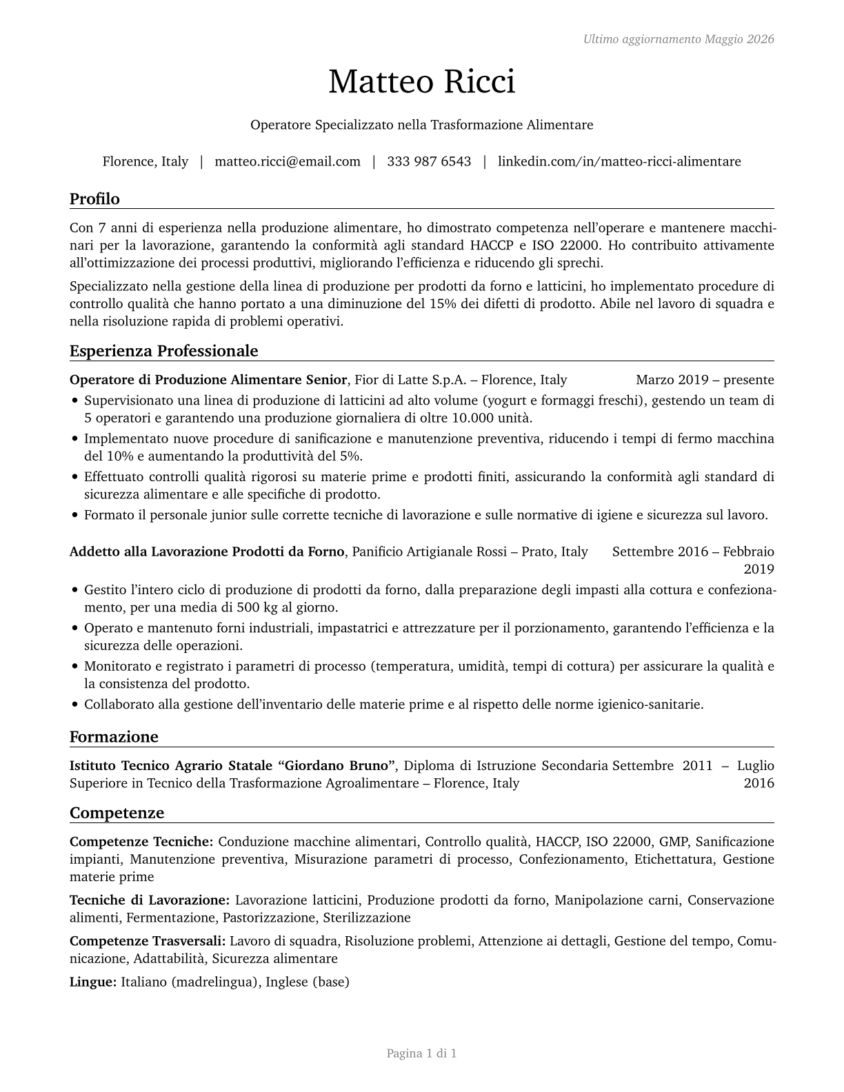Food Processing Workers, All Other CV in Italian — page 1