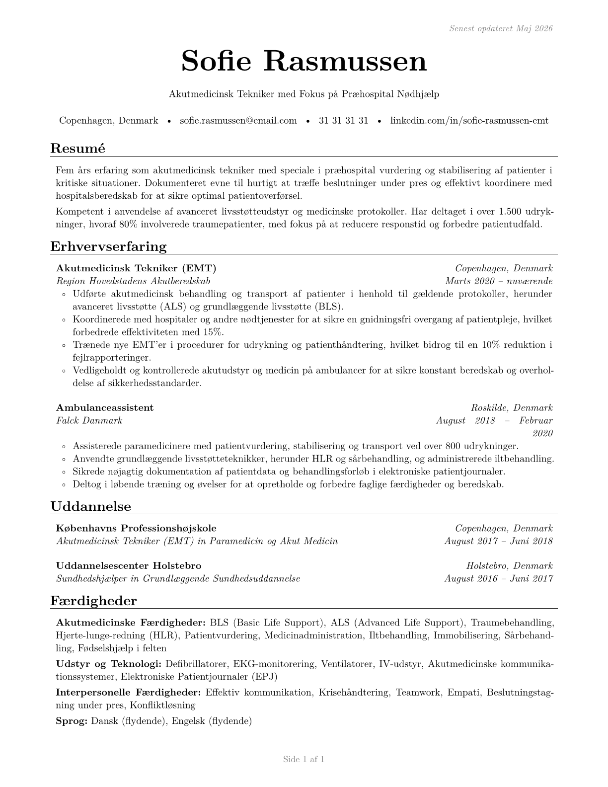 Emergency Medical Technicians CV in Danish — page 1