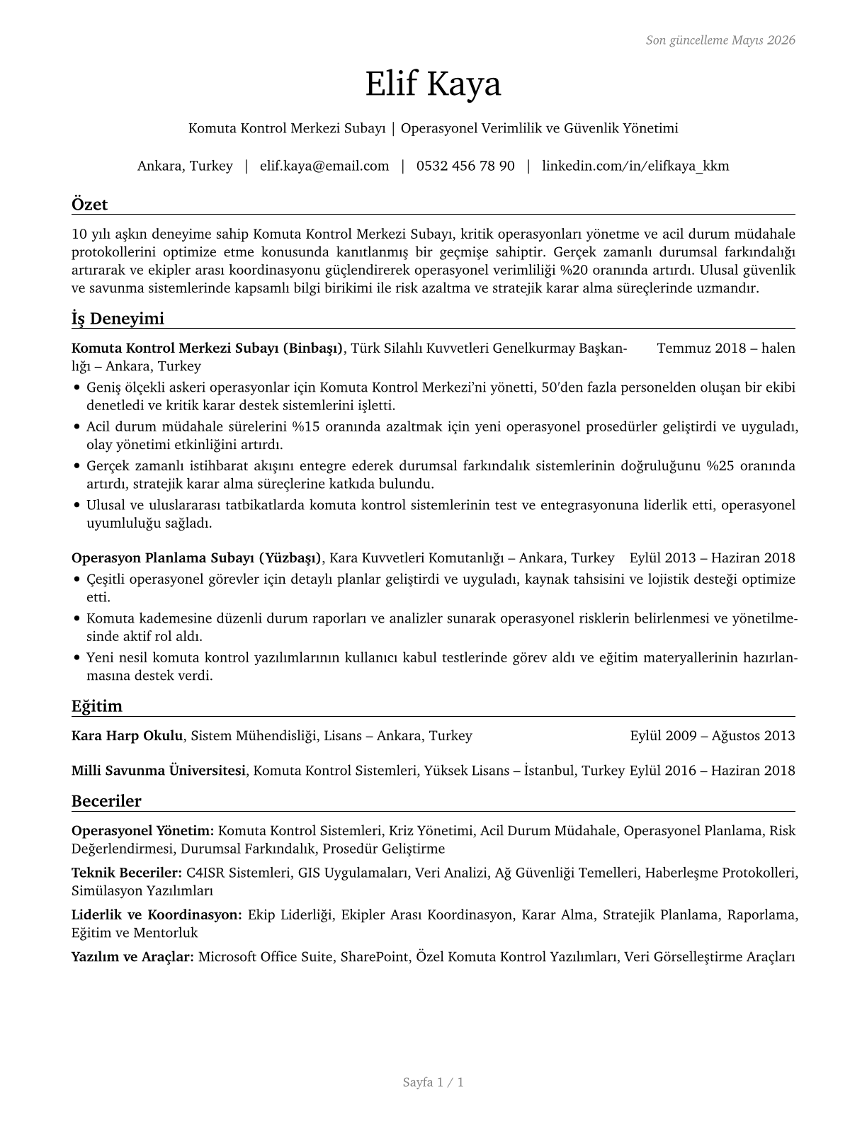 Command and Control Center Officers CV in Turkish — page 1