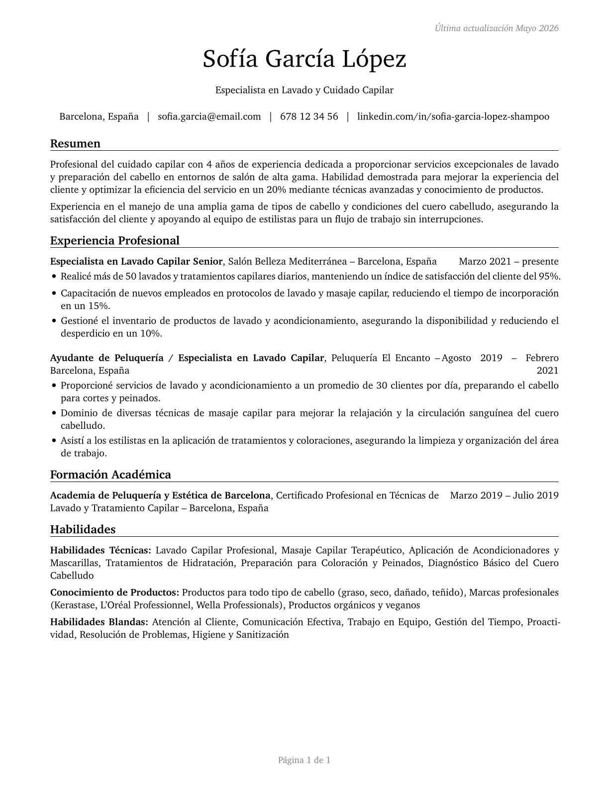 Shampooers CV in Spanish — page 1