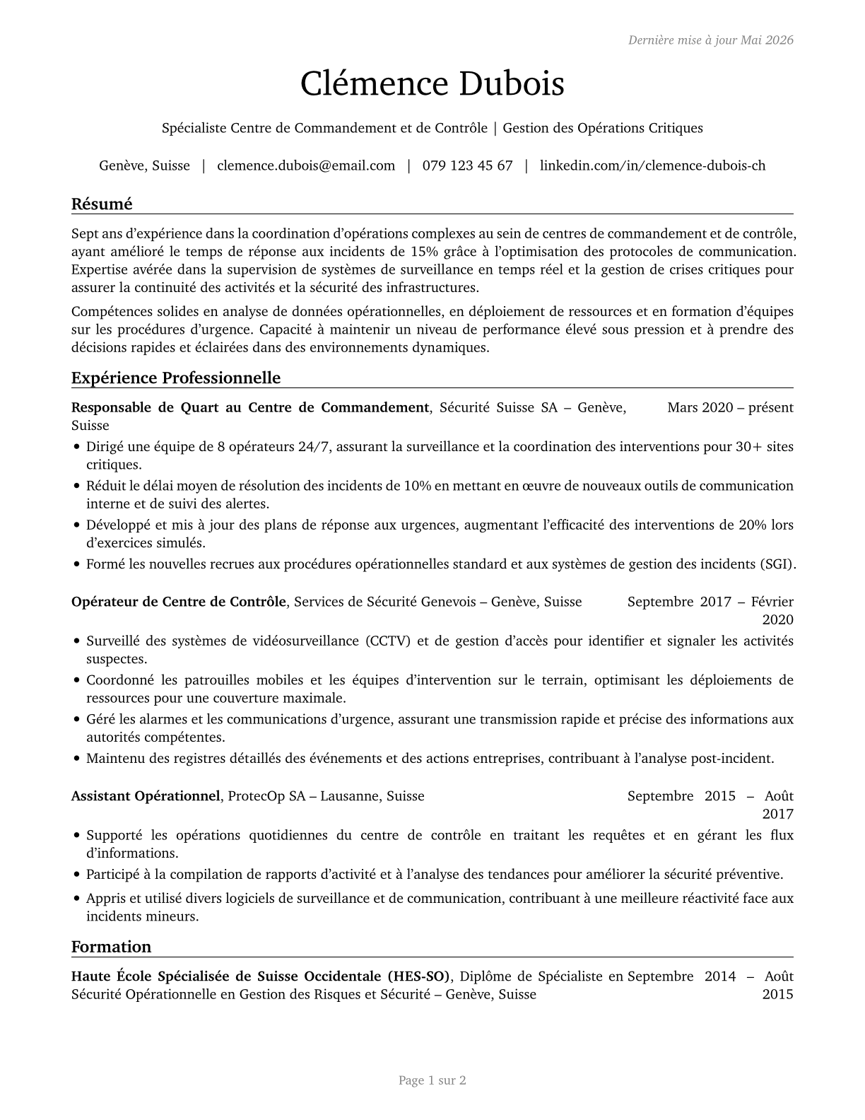 Command and Control Center Specialists CV in French — page 1