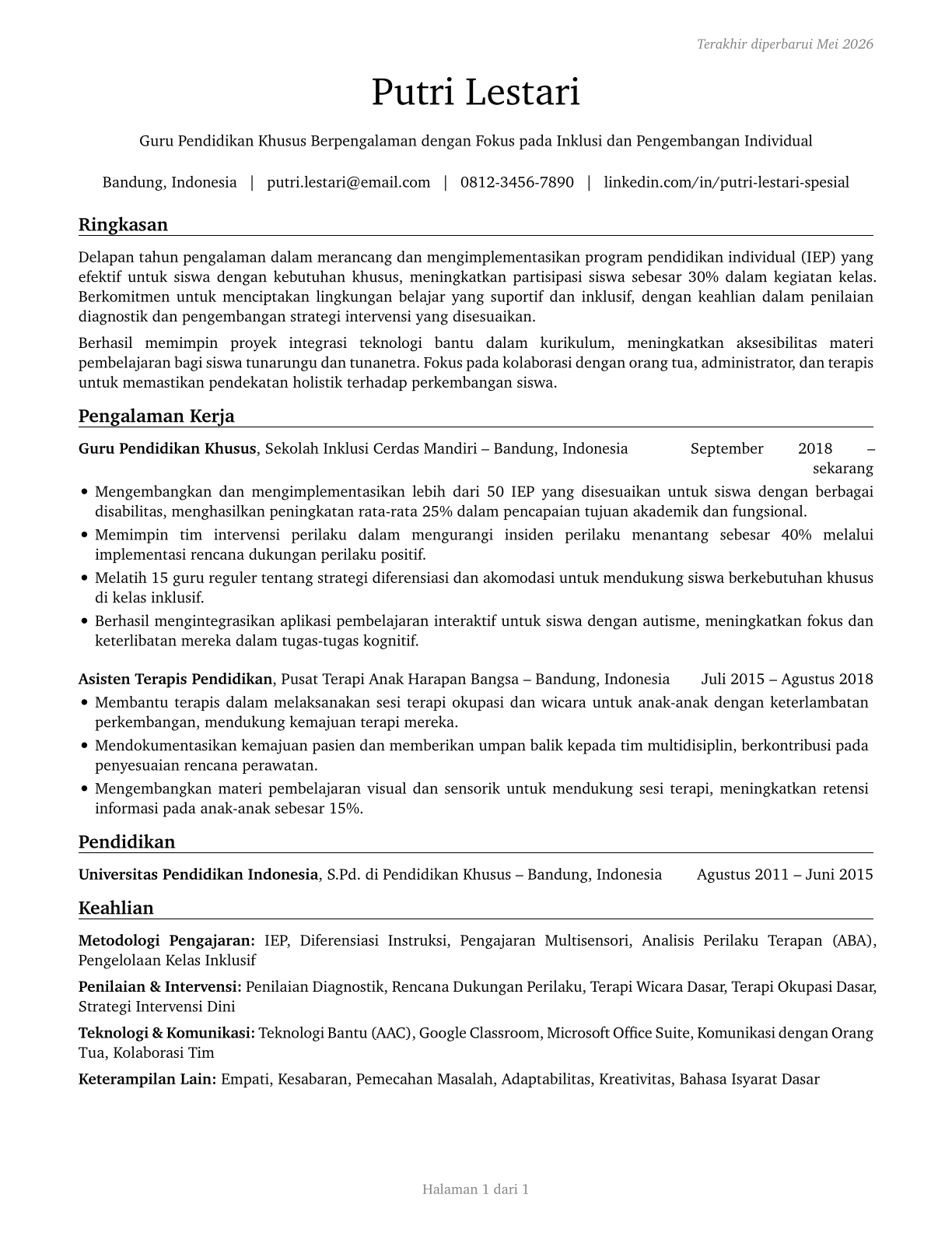 Special Education Teachers, All Other CV in Indonesian — page 1
