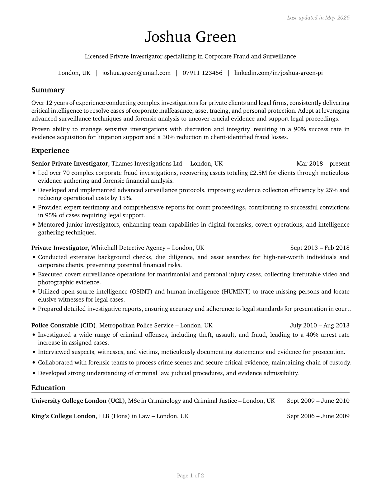 Private Detectives and Investigators CV in English — page 1
