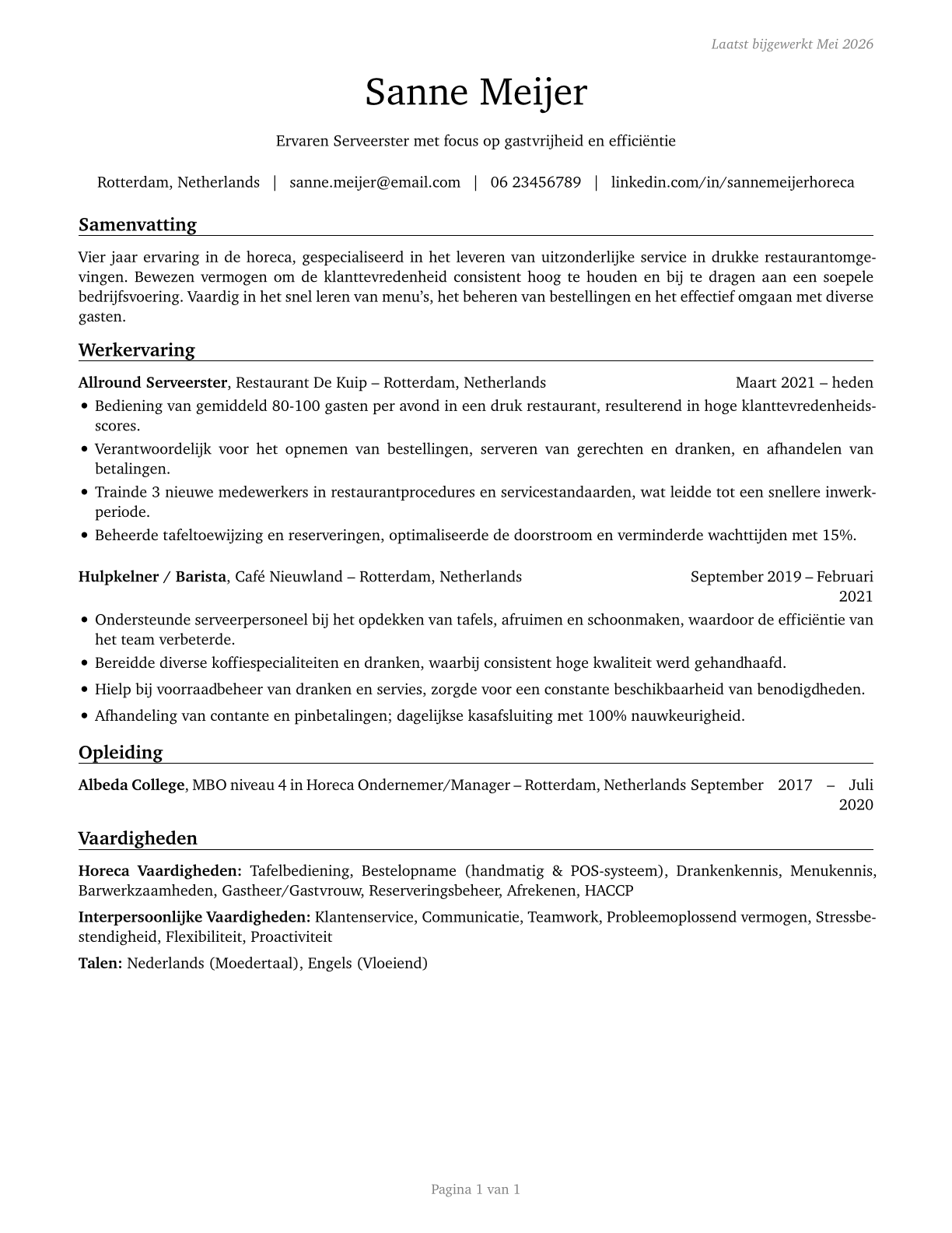 Waiters and Waitresses CV in Dutch — page 1
